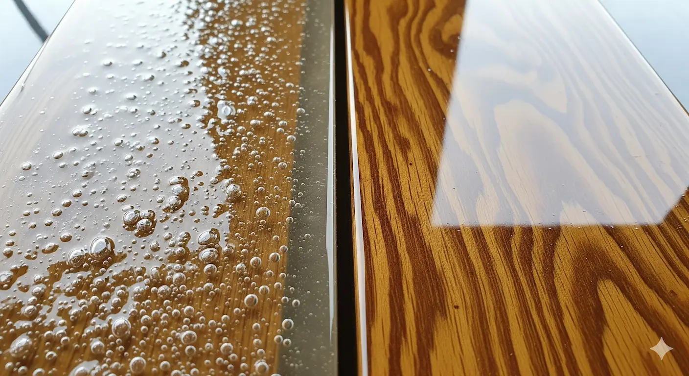 Before and after applying an epoxy seal coat for wood to prevent bubbles
