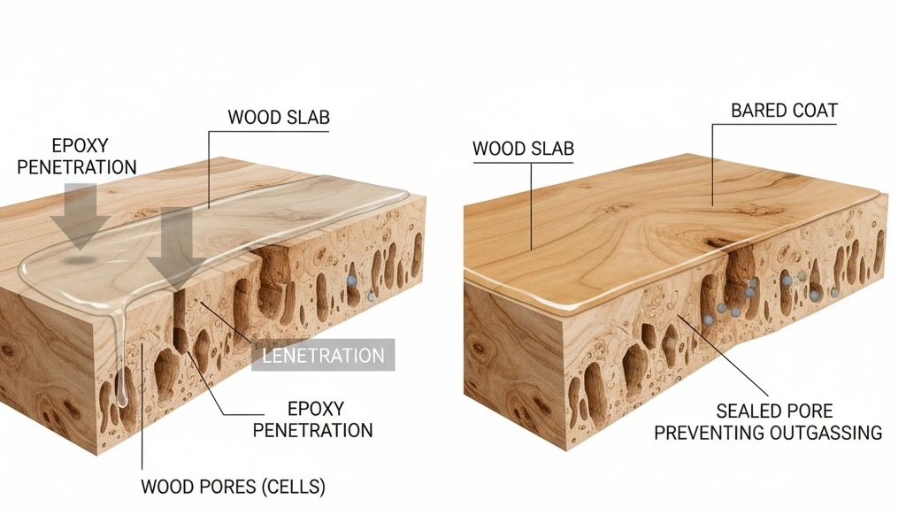 A diagram showing how an epoxy seal coat for wood penetrates and seals the pores to prevent outgassing